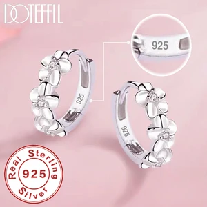 DOTEFFIL 925 Sterling Silver Small Rose Flower Round Hoop Earring AAA Zircon for Women Female Charm Engagement Wedding Jewelry