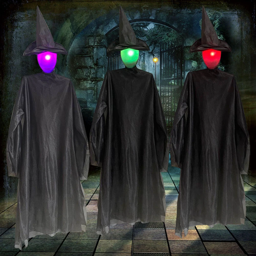 

3pcs Colorful Glowing Witches With Poles Halloween Witch Sound Voice Haunted House Holding Hands Party Props Hoilday Party Decor