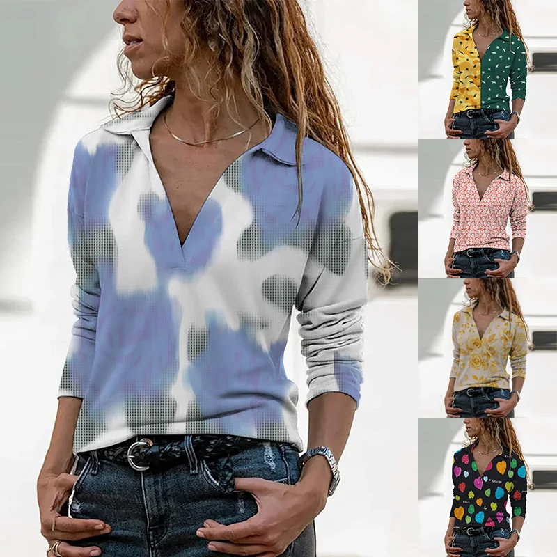 

Women Street Style T Shirt Graphic Printing Long Sleeve Harajuku Aesthetic Turndown Collar Tops Autumn Oversize FemmeTee Shirt