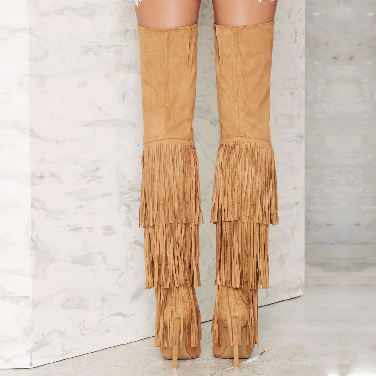 

Women's Over-the-knee Boots Brown Knee Length Tassel Super High Heeled Thin Heels Thigh Boot Shoes Woman Femmes Chaussures Botas