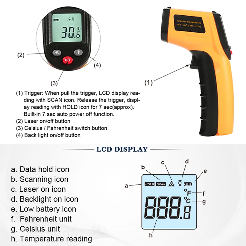 

Non-Contact IR Handheld Laser Infrared Digital Non-contact Thermometer Digital Infrared Temperature Tester LCD Display