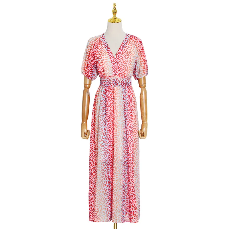 

Royal sister socialite chiffon summer dress new long skirt v-neck waist slim leopard bubble sleeve high waist dress