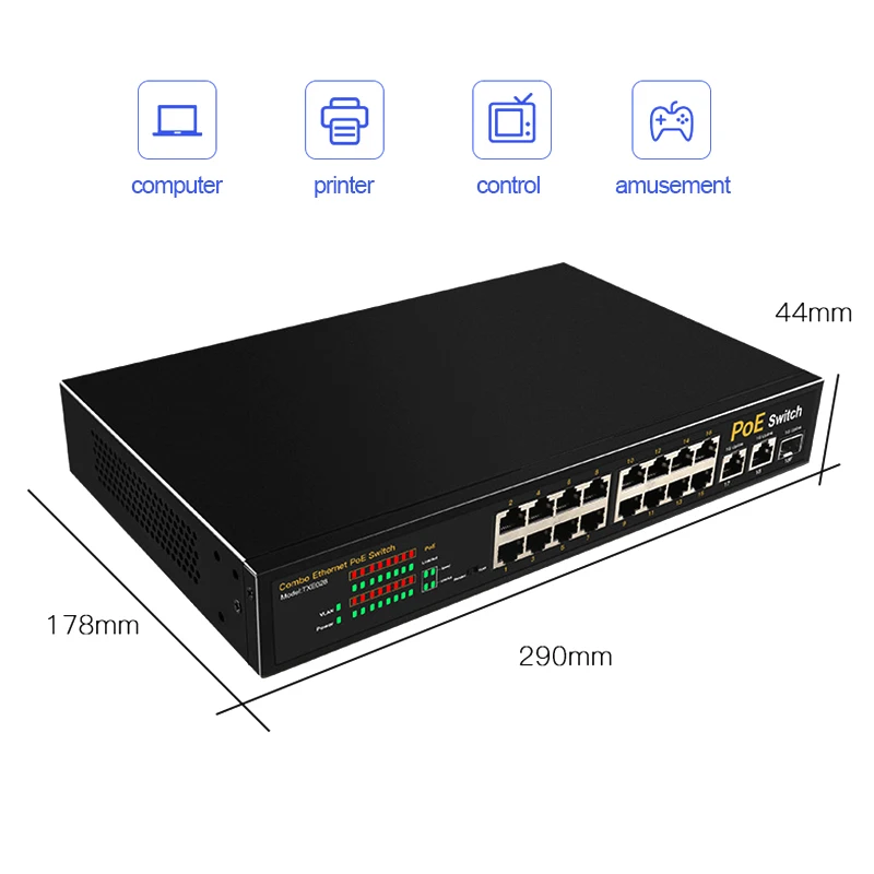 100M POE Switch Ethernet 16-Port+2-Port Gigabit Uplink+1SFP VLAN Fast with Metal Shell For Monitoring Camera Power Supply | Компьютеры и