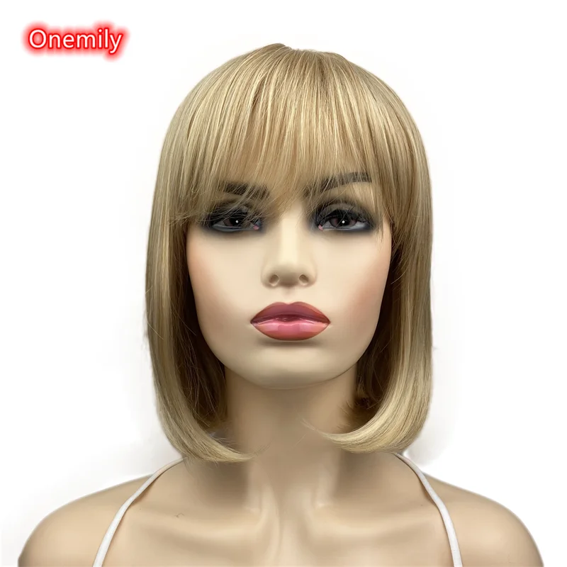 

Onemily Blonde Short Straight Bob Wig with Air Bangs Heat Resistant Fiber Synthetic Natural Hair