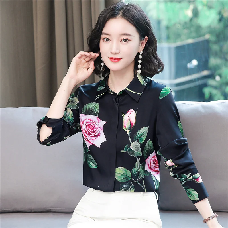 

Silk Satin Loose Women's Shirts New Fashion Blouses lower Print Polo Collar Shirts Autumn Casual Long Sleeve Blusas FHouthion