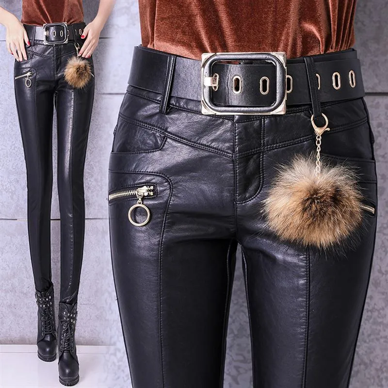 

Women PU Leather Pants 2021 New Autumn High Waist Pants Faux Leather Skinny Pencil Pant Sashes pockets Tight Trousers Black P513