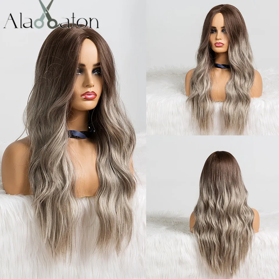

ALAN EATON Long Wavy Ombre Black Brown Ash Wig Wave Gray Synthetic Wig for Women Natural Middle Part Heat Resistant Hair Cosplay