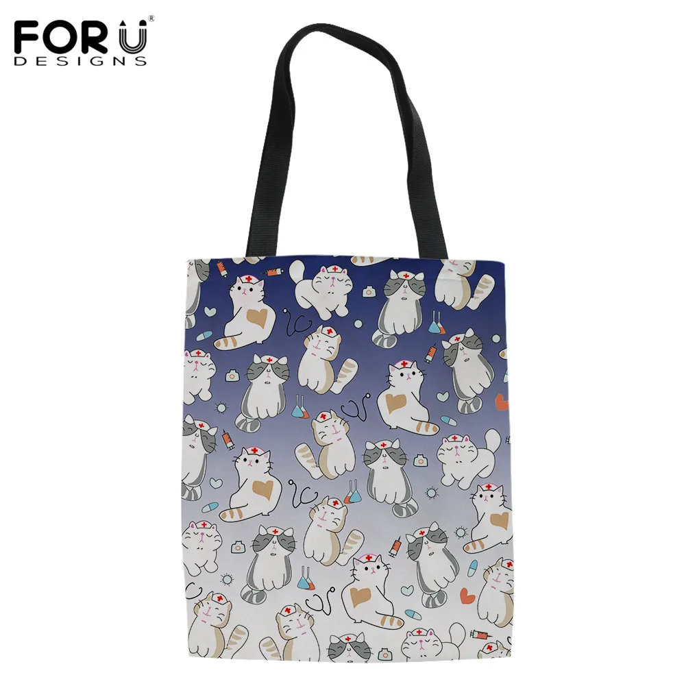 

FORUDESIGNS, градиентный стиль, милая медсестра, кошка, дизайн, большие Топы, ручка, холщовые сумки через плечо, женские холщовые экологически чис...