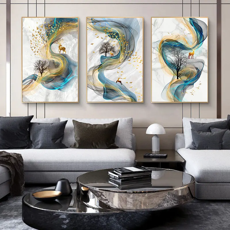 Абстрактная мраморная линия олень птица Холст Искусство нордический плакат и