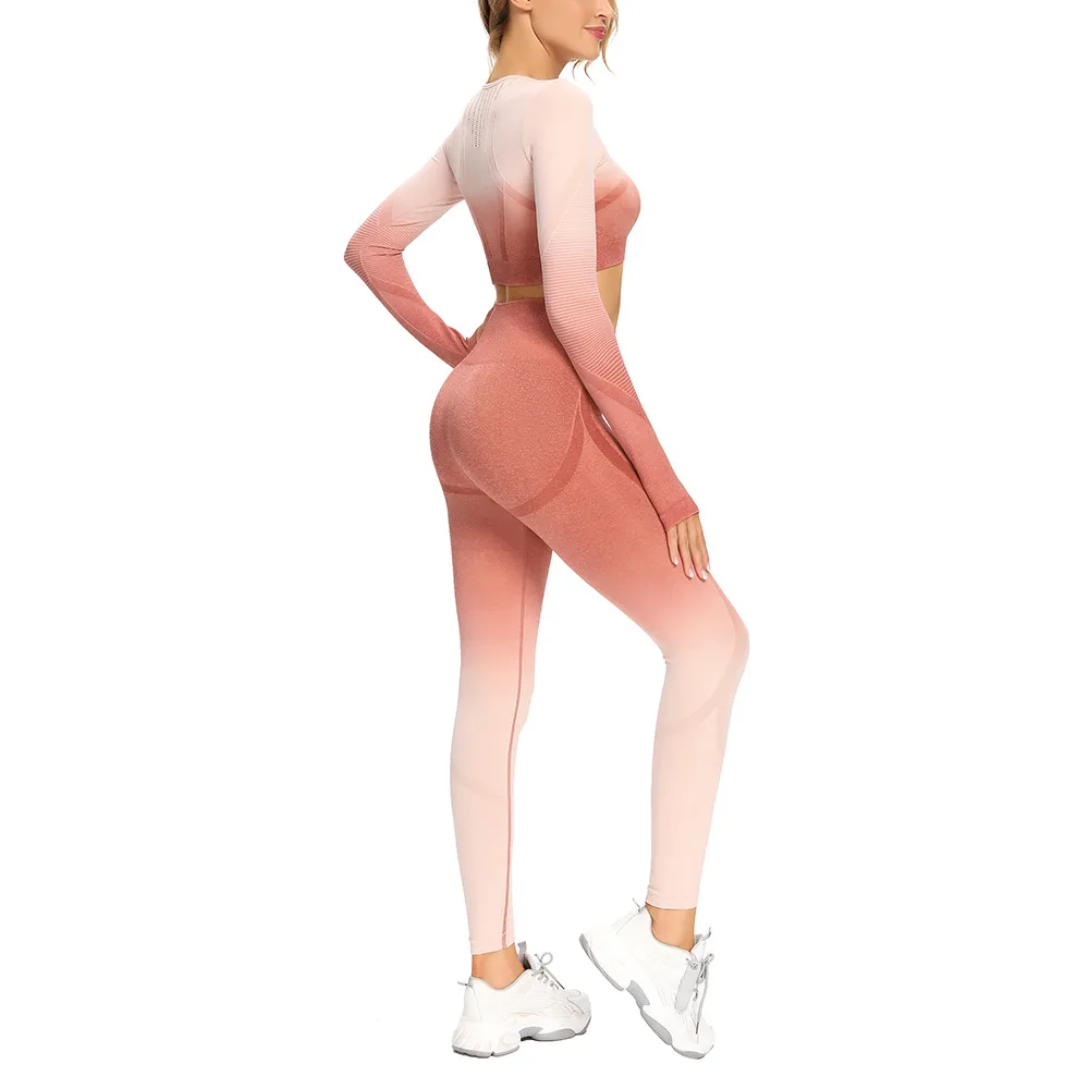 

American gradient seamless yoga clothing suits women tight-fitting hip-lifting sports suit long-sleeved yoga fitness suits