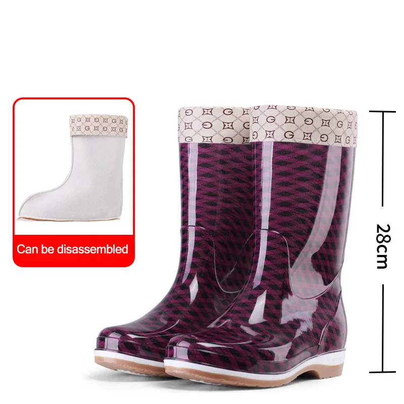 Высокие резиновые сапоги женская модная обувь в клетку до середины икры женские
