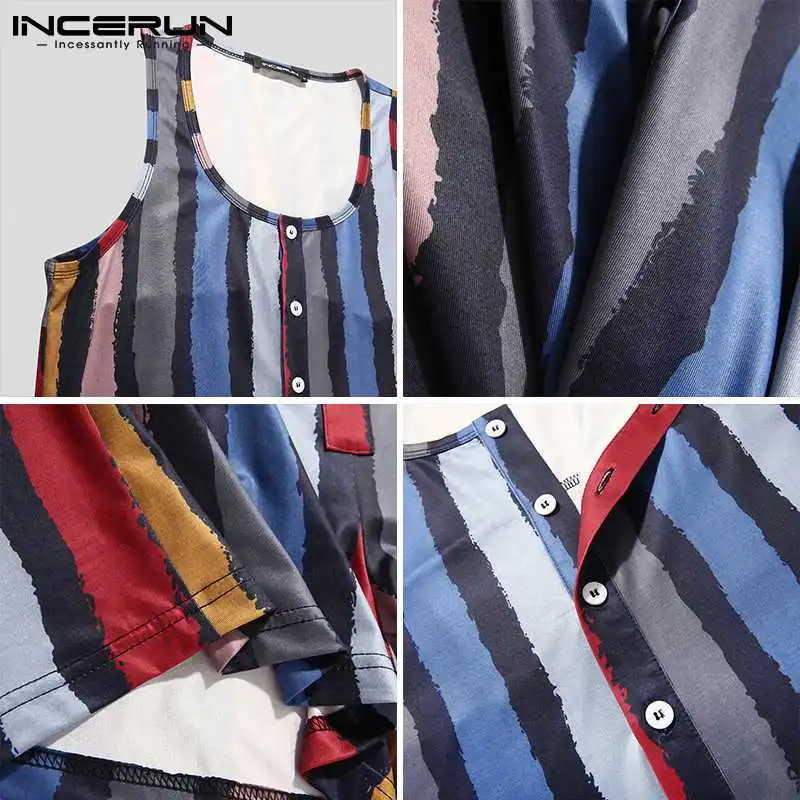 

INCERUN Men Striped Pajamas Rompers Sleeveless Button Up Leisure O Neck Homewear Jumpsuits Cozy Men Playsuits Sleepwear S-5XL