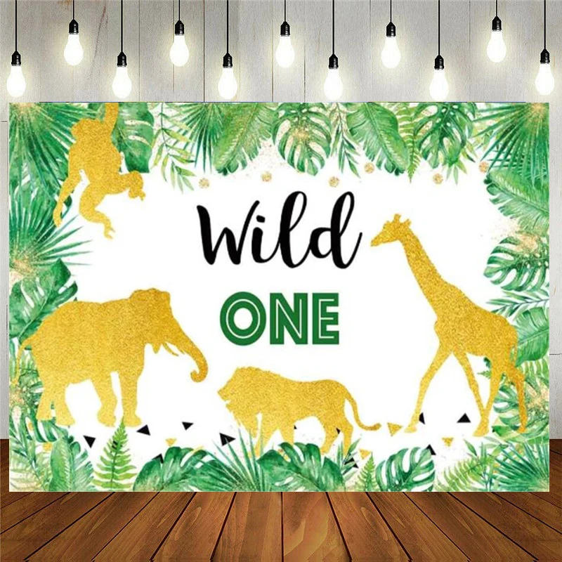 

Wild One Backdrop For Jungle Boy Baby Shower Cartoon Animals Forest Tropical Gold Background First Birthady Party Decoration