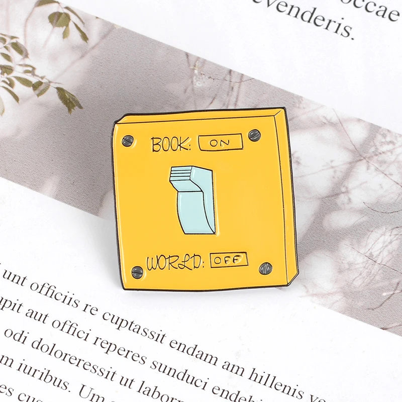 QIHE JEWELRY Yellow Square Pin Book ON World OFF Enamel Study Badge Denim Jeans Bags Jewelry Gift for Friends | Украшения и