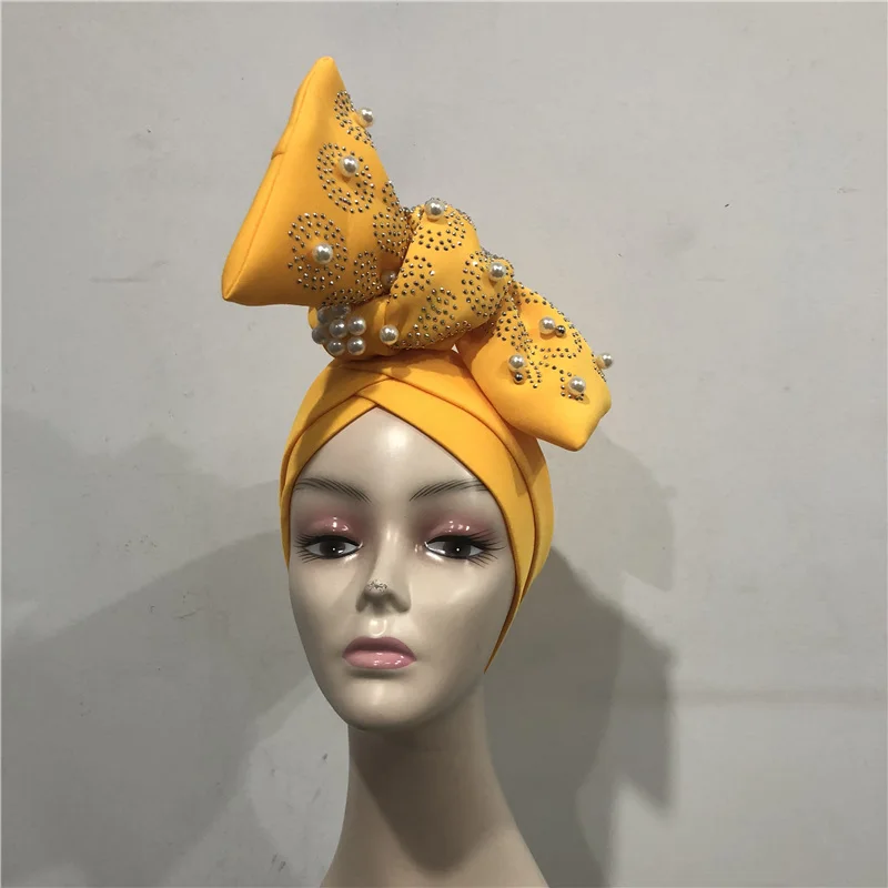 38 Нигерийский геле головной убор Aso Oke геле уже сделанный Авто геле Aso Ebi головной убор Африканский тюрбан шапка с красочным Beads-LP30 - Цвет: 38