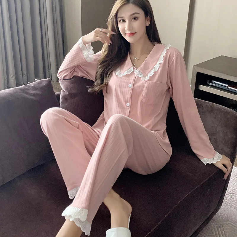 Women's Pajamas Sets Cotton Long Sleeve Autumn Thin Princess Style Fashion Sweet Casual Solid Color Household Clothes Sleep Tops