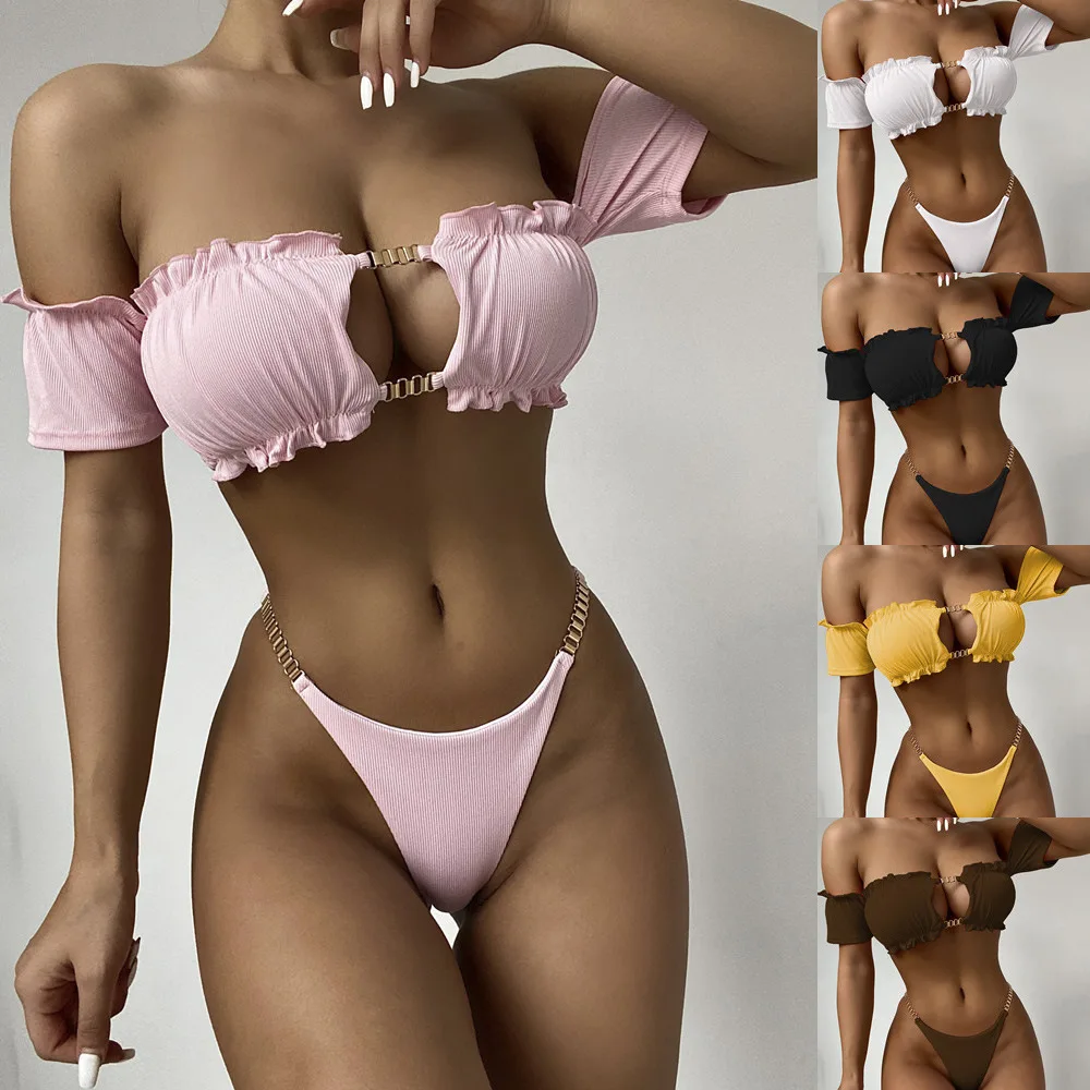 

Women's Two-Piece Bathing Suit Solid Color Hollow Out Off Shoulder Bikini Tops + Triangle Bathing Panties