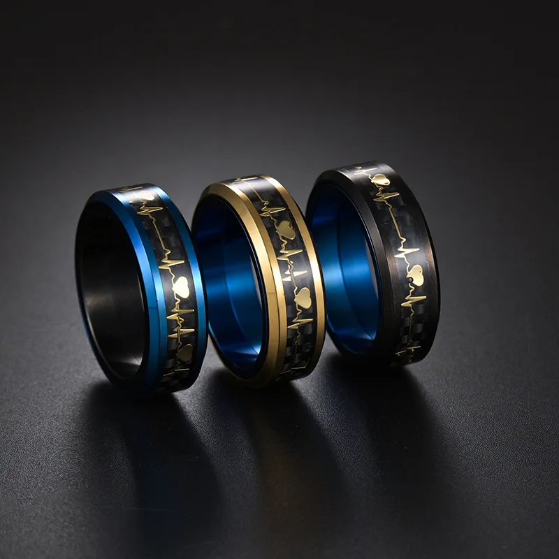 8mm Titanium Steel Spinner Ring Love Heart ECG Lifeline Hear