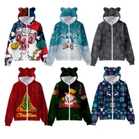 new years gifts cat ears zipper hoodie 3d print santa snowman kids hooded girls sweatshirts female hoodies for christmas gifts