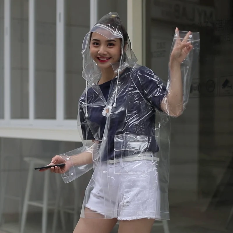 Прозрачный короткий непромокаемый плащ со съемной шапкой для женщин и мужчин
