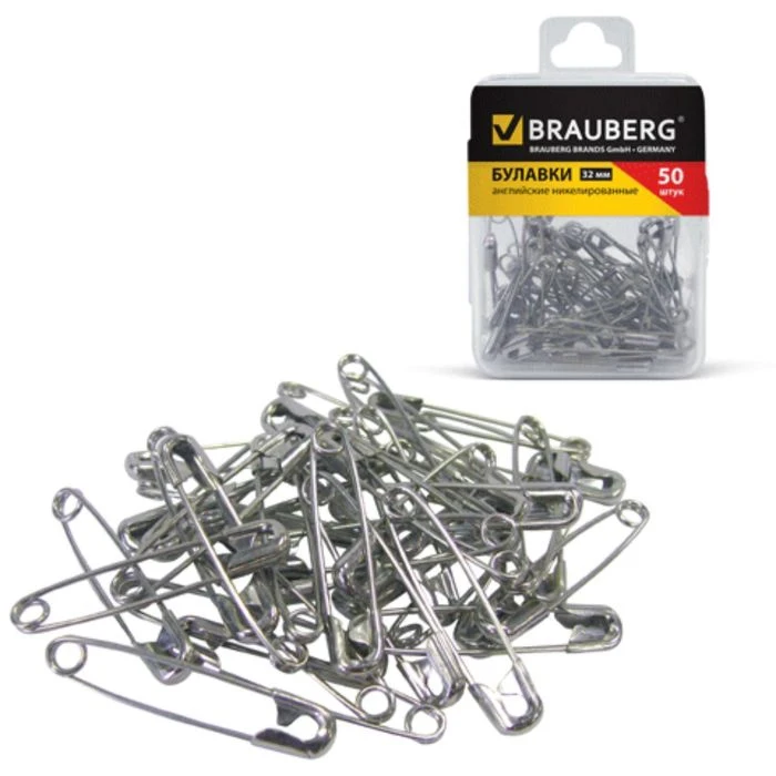 Булавки английские 32 мм 50 штук BRAUBERG никелированные в евробоксе|Булавки и