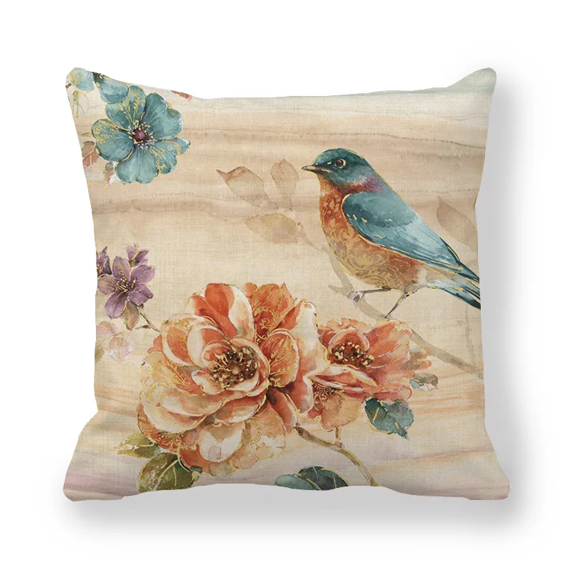 

Bird and Flower Cushion Cover Polyester Retro Decorative Vintage Pillowcase for Sofa Couch Living Room Bedroom Home Decor 45x45