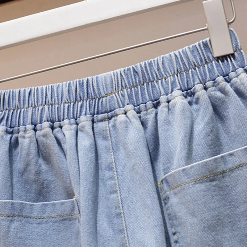 

Plus size women Summer two piece set streetwear mesh patchwork t-shirt and denim shorts suits for women korean overalls 2021