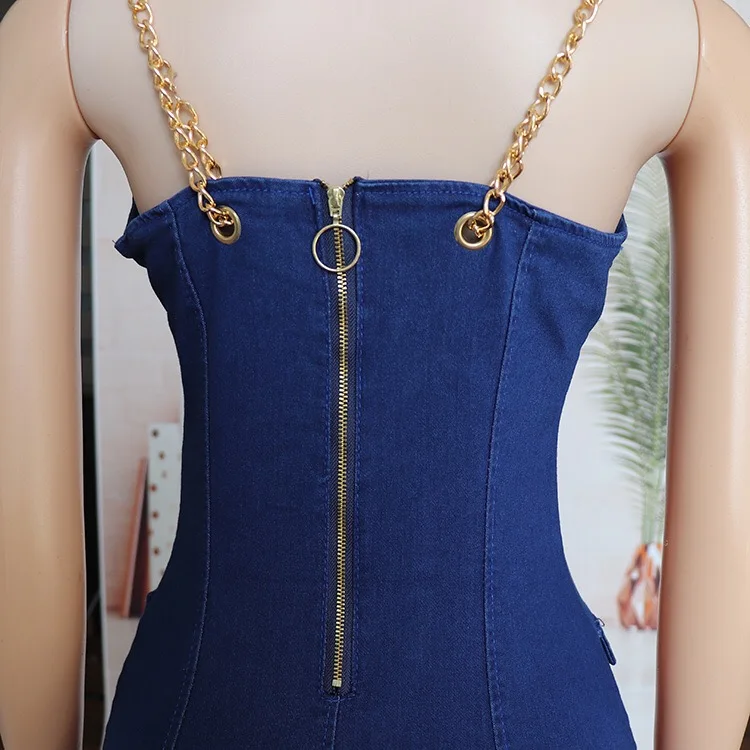 

African Women Jeans Dress Short Mini Length Spaghetti Strap Backless Button Slim High Waist Sexy For Night Club Short Dress Hot