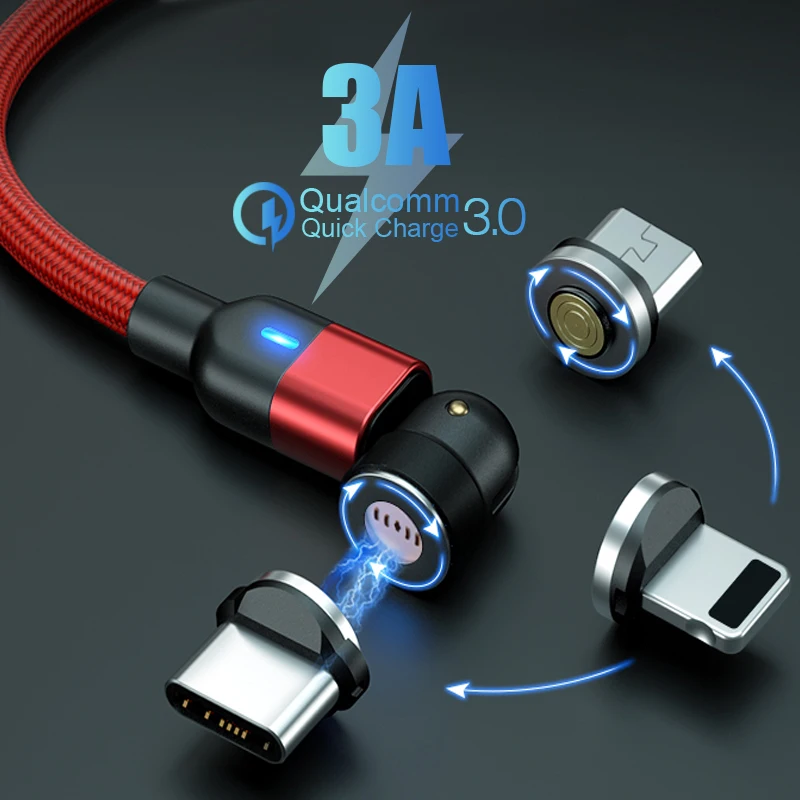 

LED Magnetic USB Cable 90 Degree Rotation Charger Wire 3A Micro USB Type C Charging Data Cord For iPhone 12 11 Xiaomi 11 Redmi