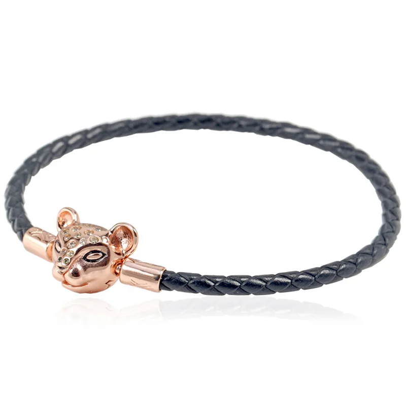 

16-44cm 925 Sterling Silver Bracelet Black Leather With Rose Lioness Clasp Bracelets Bangle Fit Europe Bead Charm Diy Jewelry