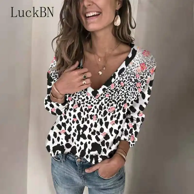 

Autumn Winter Women Knitted Sweater Floral Printed Deep V Neck Pullover Loose Sweater Casual Fashion Plunging Lady Top Pullovers