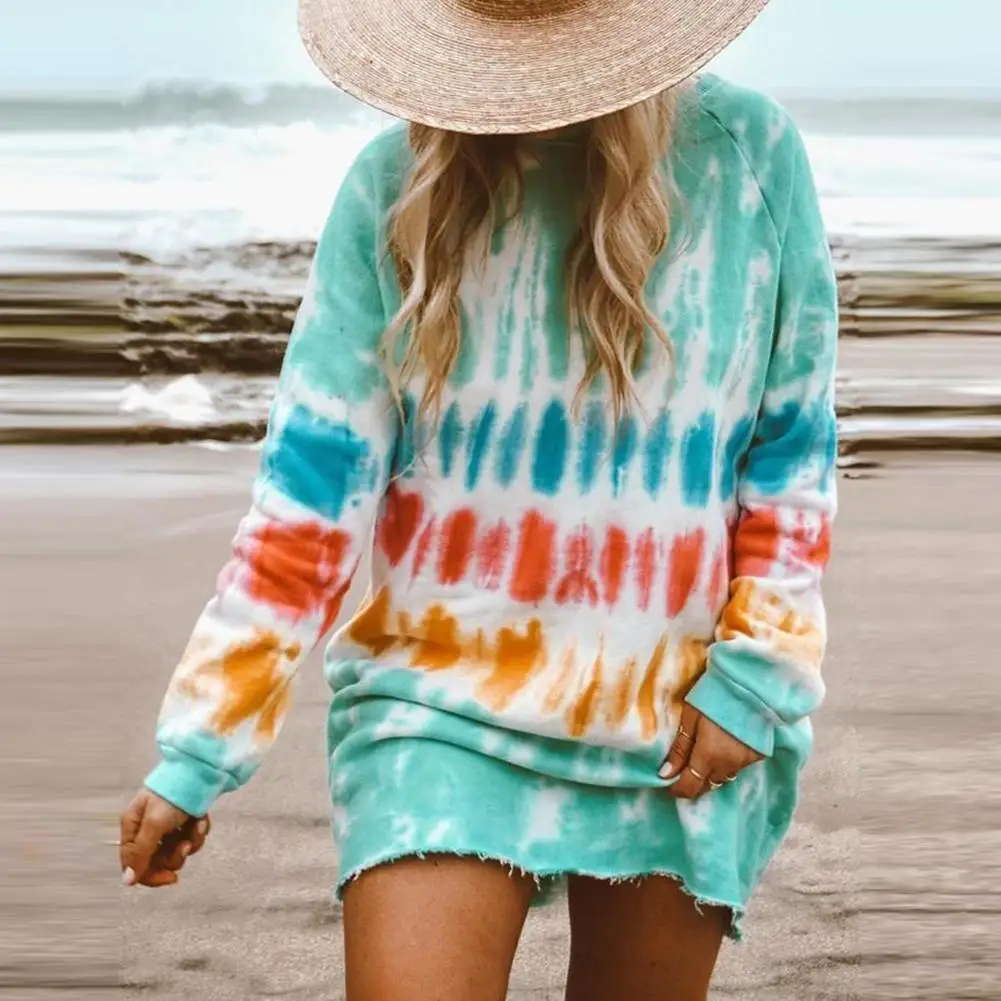 

Casual Women Long Sleeve O Neck Rainbow Tie Dye Loose Mini Sweatshirt Dress