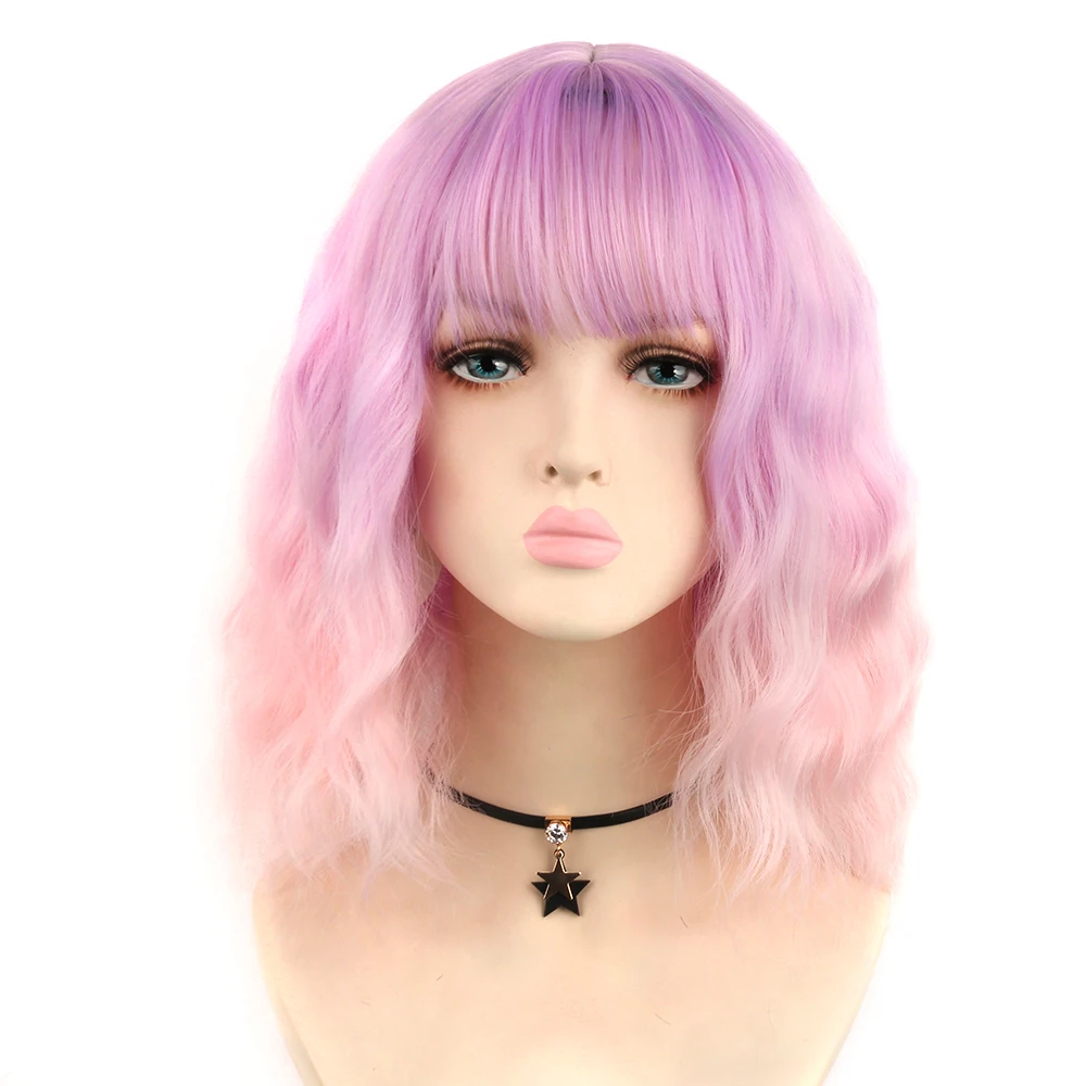 

LiangMo Short Wavy BOB Wigs For Black Women Synthetic Hair Pink Mixed Color Wigs With Bangs Heat Resistant Christmas Cosplay Wig