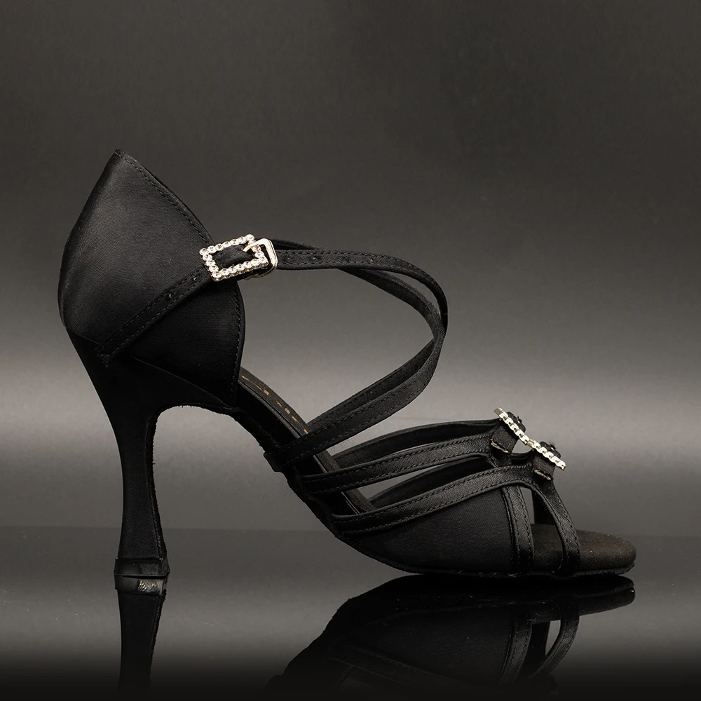 Suphini 【sylvi】черные Сатиновые танцевальные сандалии с двойной пряжкой 7 5/8 5 см|salsa