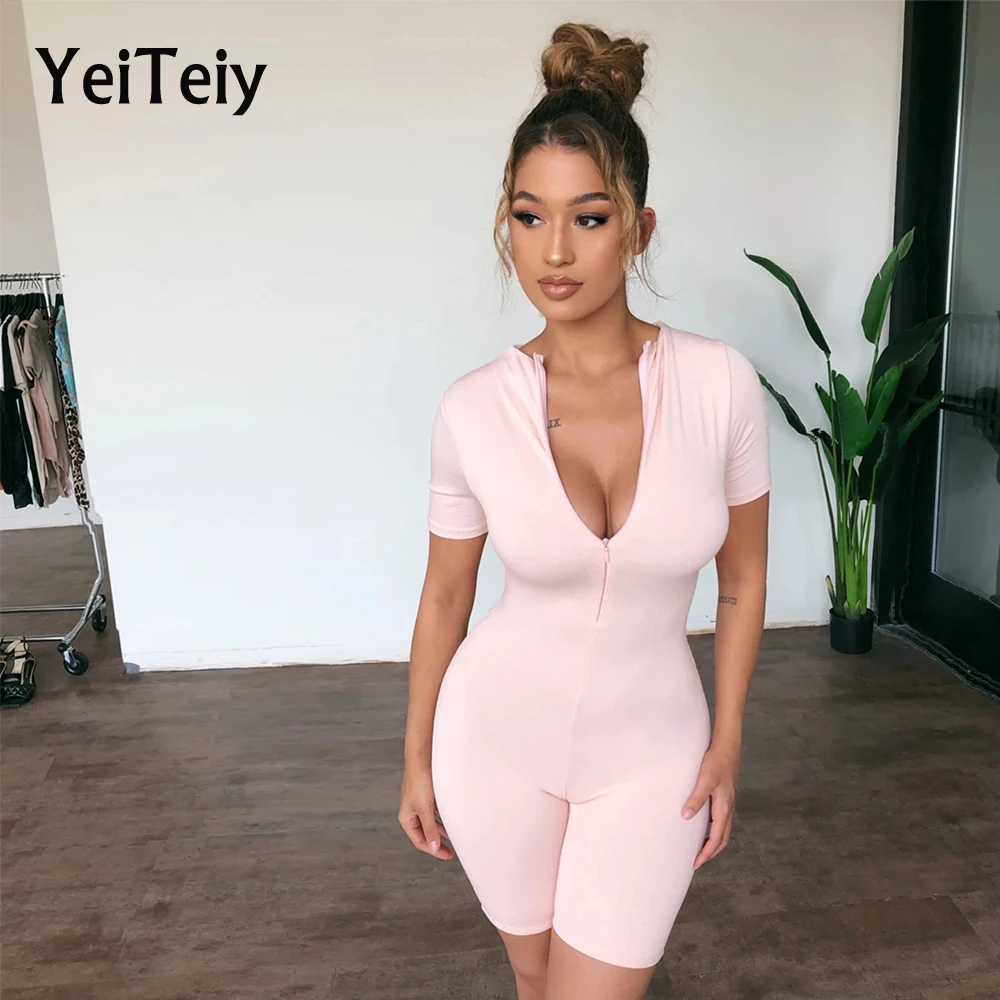 

Женский однотонный комбинезон Yeiteiy, летняя легкая универсальная одежда на молнии с короткими рукавами, тонкая простая повседневная одежда