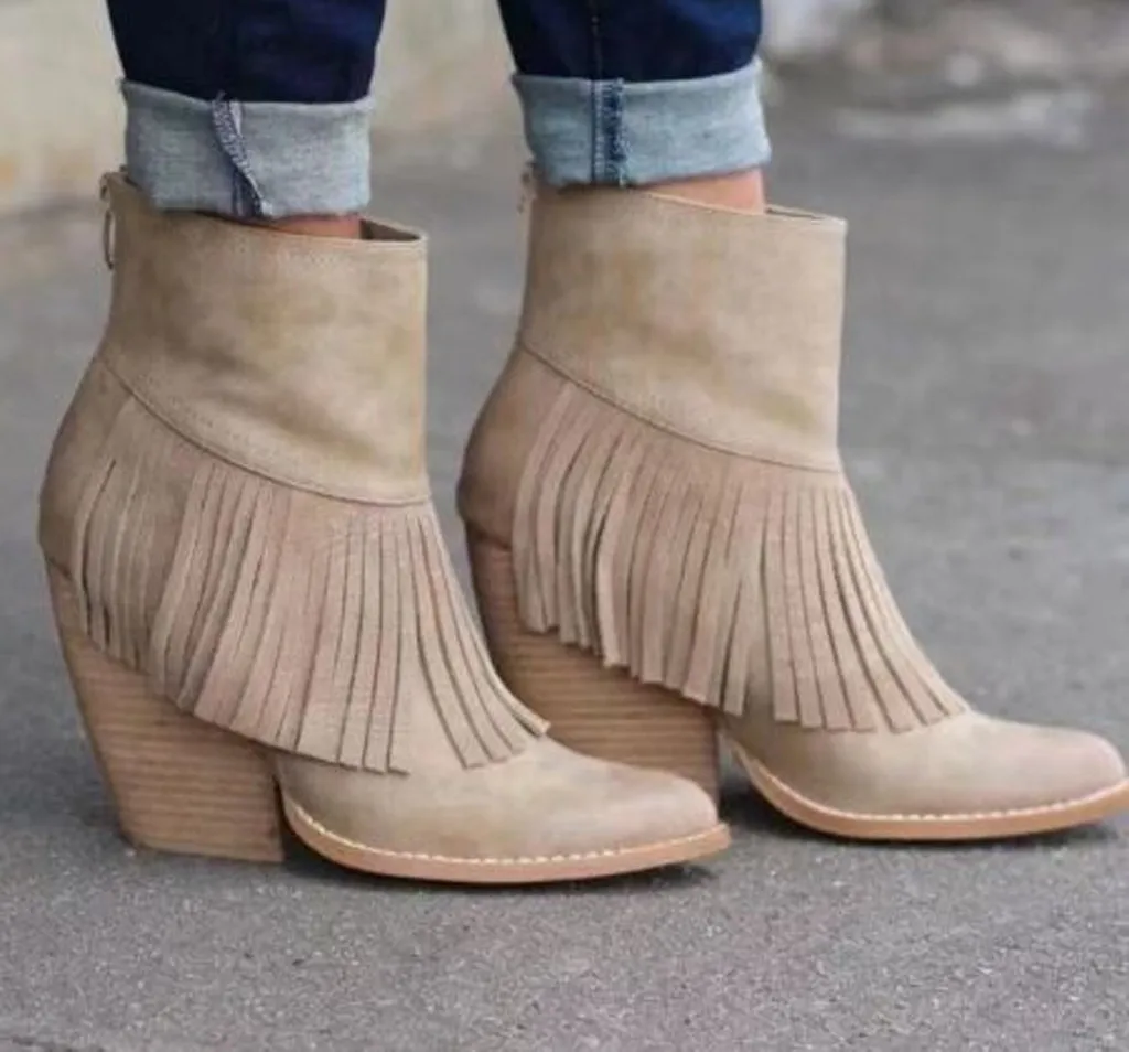 Womens tassel Winter Boots Leather Wedges Round Toe Keep Warm Zipper Thick Heel Comfortable Shoe woman Ankle botas mujer | Обувь