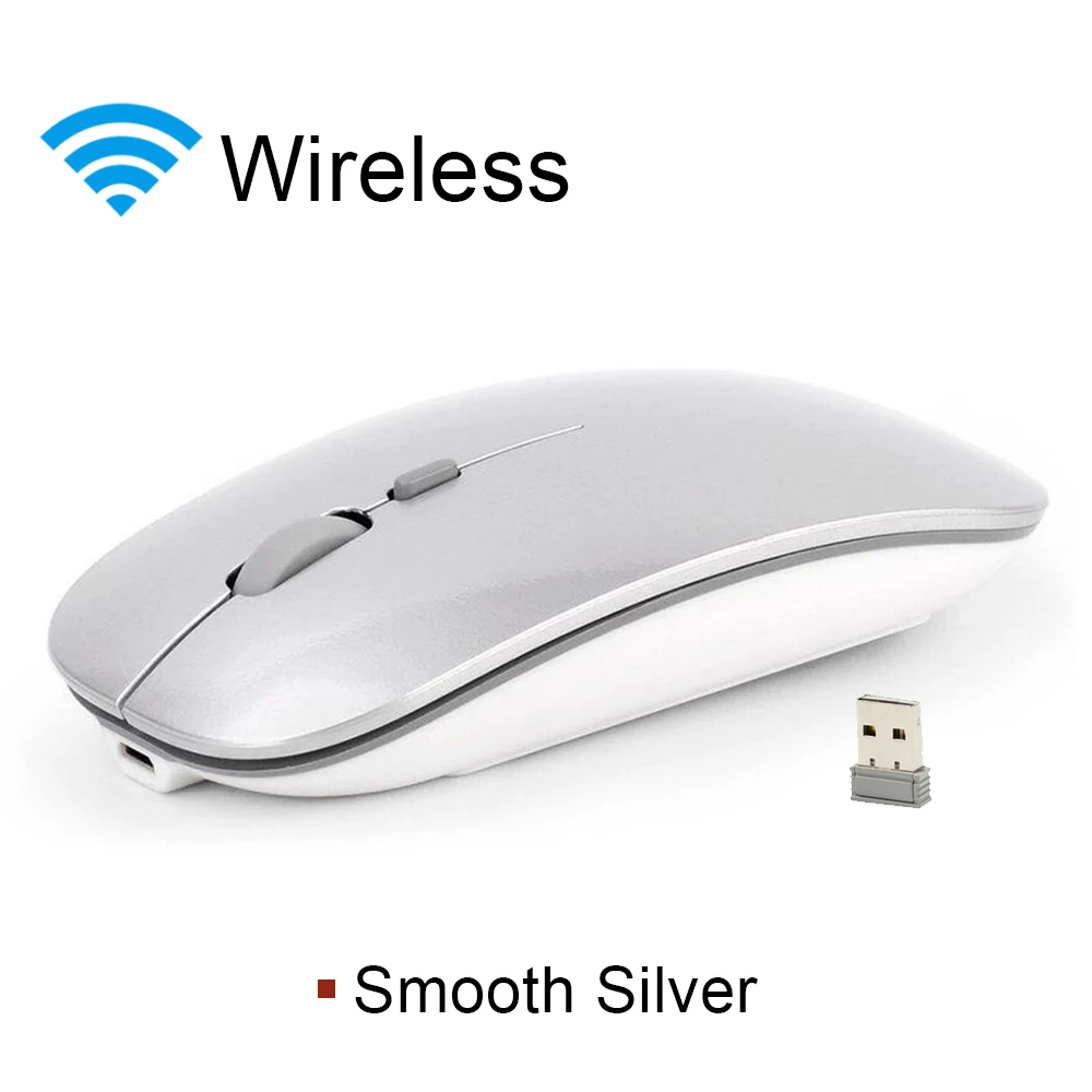 Silver Wireless Бесшумная беспроводная мышь, перезаряжаемая мышь для ноутбука, ПК, эргономичная беспроводная мышь 2,4 ГГц, бесшумная USB оптическая Бесшумная компьютерная мышь - Цвет: Silver Wireless