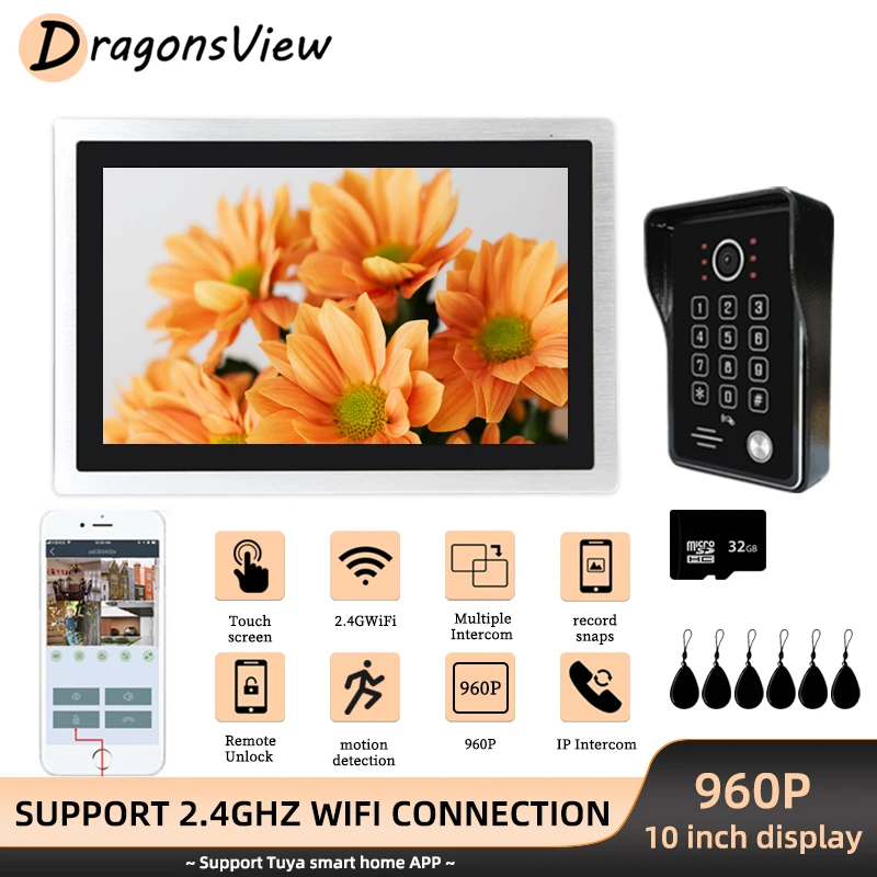 

DragonsView Wifi Intercom Video Door Phone 10 Inch 960P Doorbell Camera RFID Password Unlock Door Access Record Motion Detection