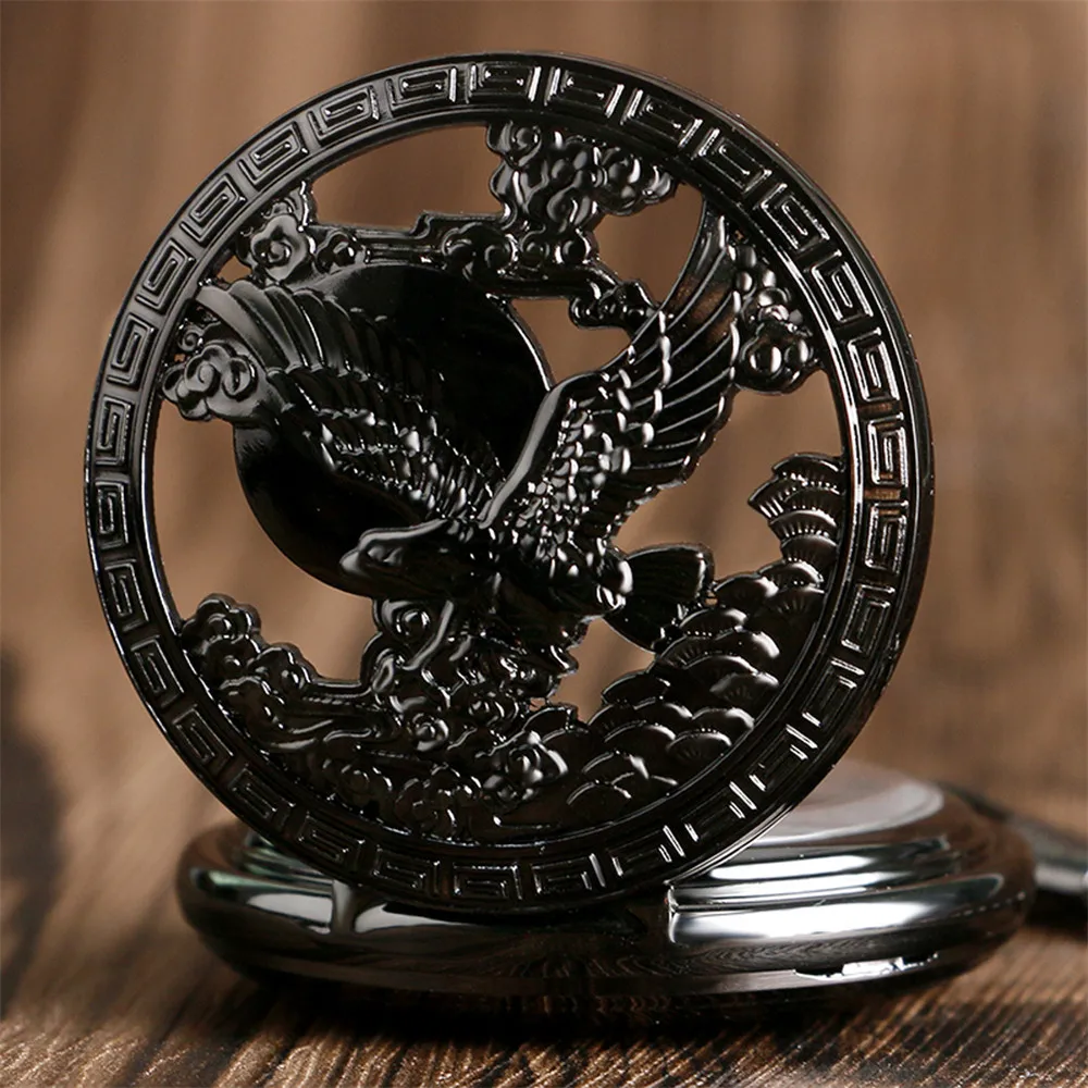 Black Retro Eagle Display Mechanical Hand Winding Pocket Watch Arabic Numerals Dial Manual Mechanism Pendant Pocket Clock