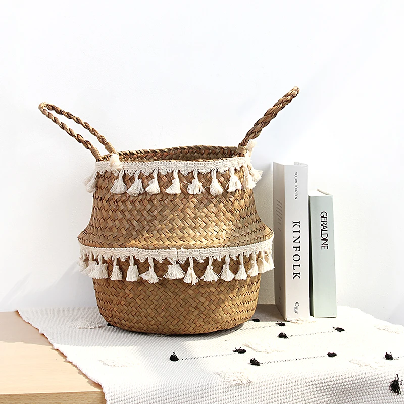 Белый Seagrass Woven Storage Basket Plant Wicker Hanging Baskets Garden Flower Vase Potted Foldable Pot with Handle Storage Basket - Цвет: Белый