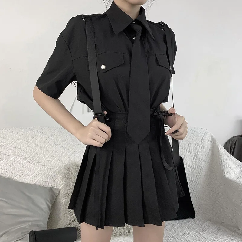 Goth Girl Blouse 2020 New Summer Fashion Jk Tie Short Sleeve Loose Harajuku Punk Grunge Style Streetwear Dark Black Femme | Женская
