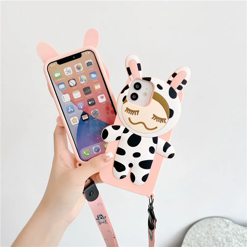 

3D Cute Cartoon Cows Phone Case For iPhone 12 11 12Pro XS Max X XR 7 8 Plus Soft Back Cover with Lanyard