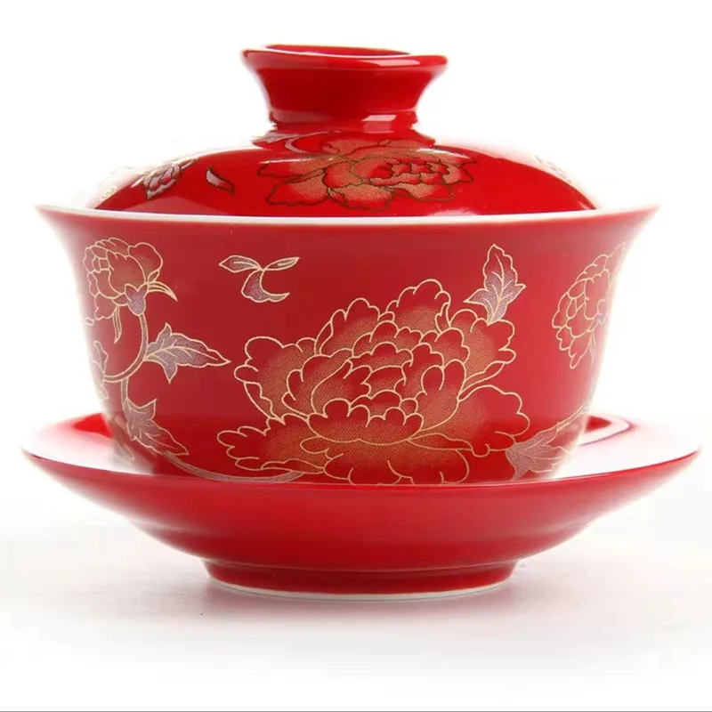 Дракон и феникс свадебный gaiwan чайная чаша китайский красный ted чайная чашка и блюдце набор - Цвет: Peony