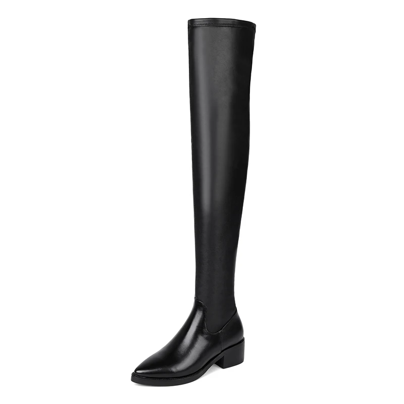 Кожаные Сапоги выше колена на квадратном каблуке; женские модельные свадебные туфли; женские осенние сапоги с круглым носком; большие размеры 43 - Цвет: cow