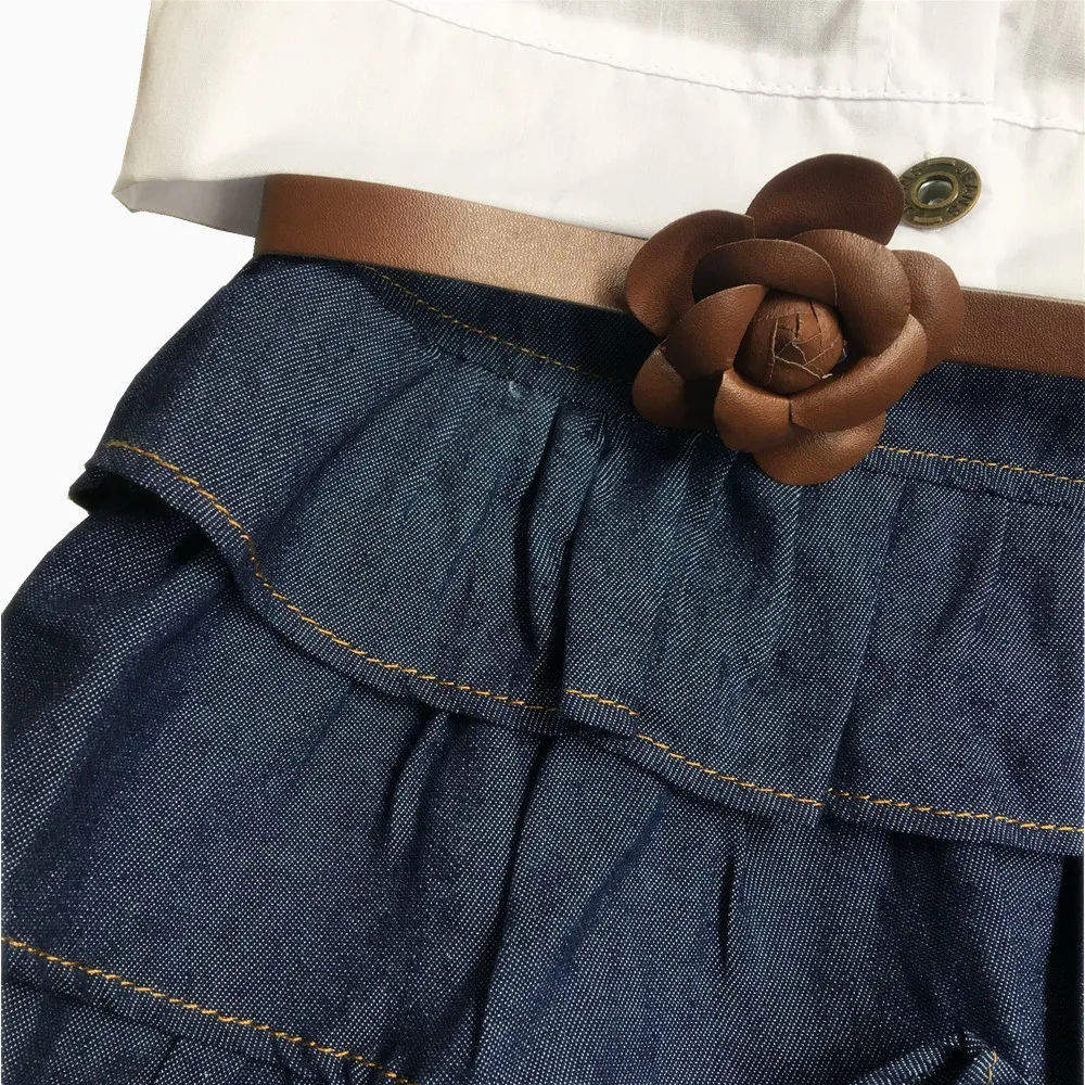 Girls Suit Summer Sleeveless Denim Dress + Solid Color Vest Flower Belt Three-piece Boutique Kids Clothing | Мать и ребенок