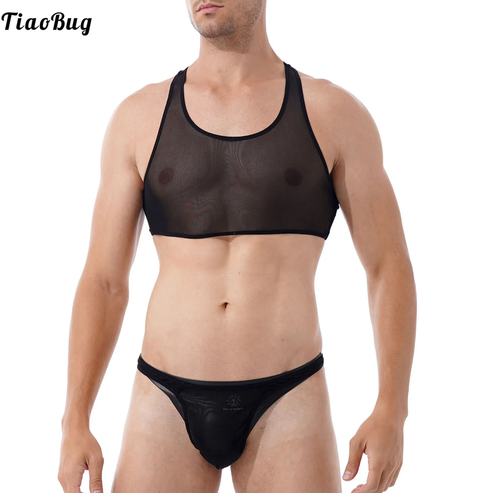 

TiaoBug Summer Men See-Through Mesh 2Pcs Swimming Lingerie Suit Swimwear Sleeveless Cropped Tank Top With Thongs Briefs Bikini