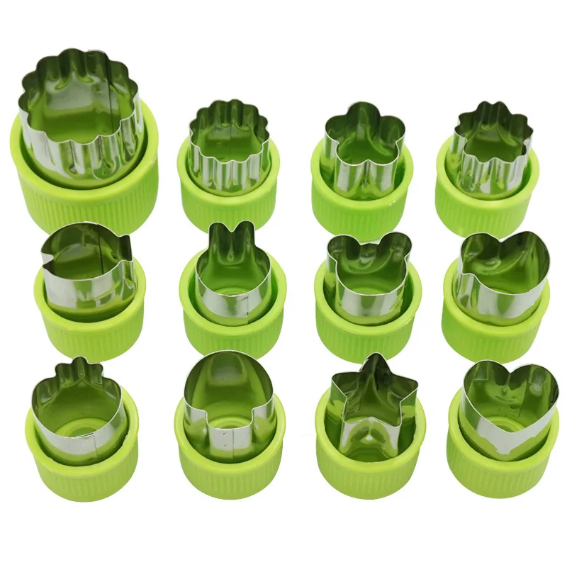 

12PCS Kitchen DIY Stainless Steel Vegetable Fruit Cutter Mold Butterfly Pastry Die Printing Full Plastic Hand Guard with PVC BOX
