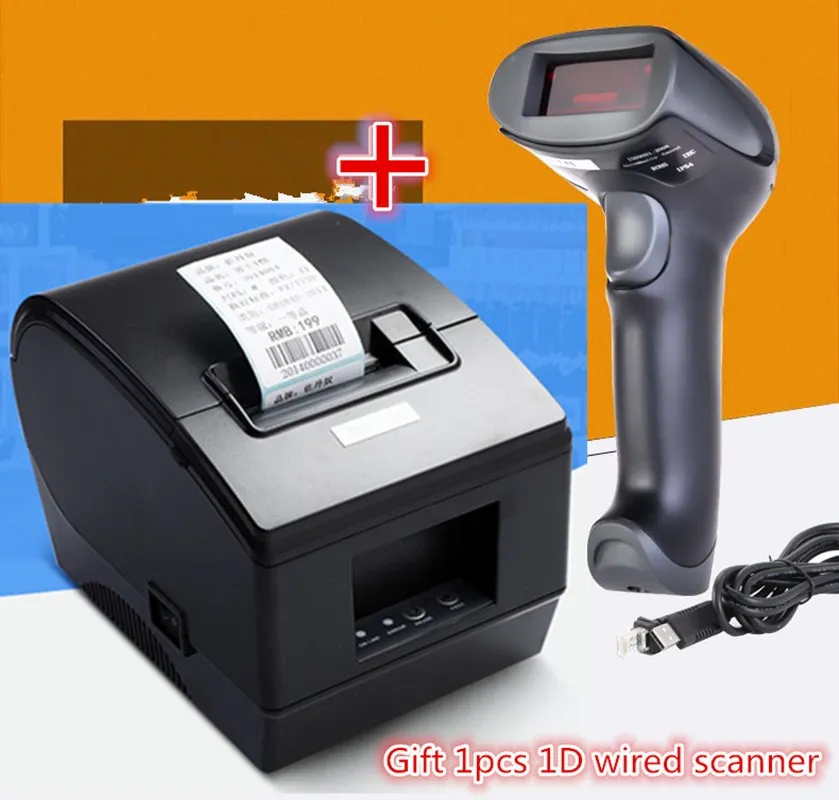 

Gift 1pcs 1D wired scanner+ Barcode label printers Thermal clothing label printer Support 58mm printing Label/ticket printing