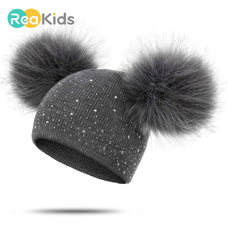REAKIDS/Новинка; детская зимняя шапка с помпонами для девочек; Вязаная Шапка-бини; брендовая плотная детская шапка; зимняя теплая шапка для маленьких девочек; Ctue