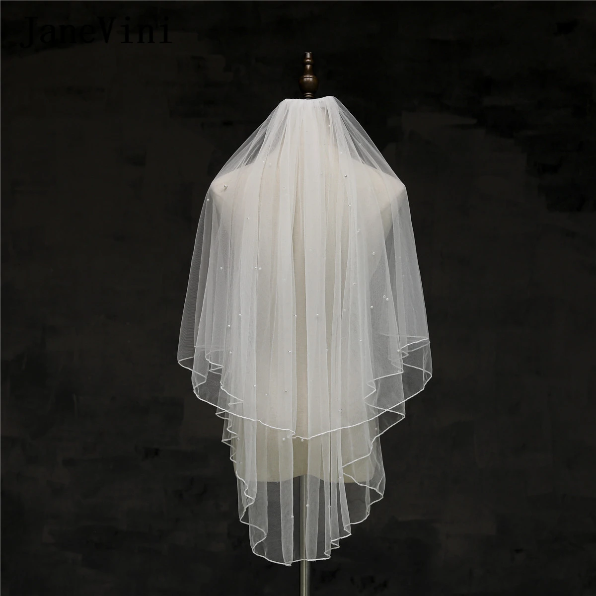 

JaneVini Elegant White/ Ivory Two Layers Wedding Veil Fingertip Pearls Ribbon Edge Bridal Veil with Comb Women Hair Accessories